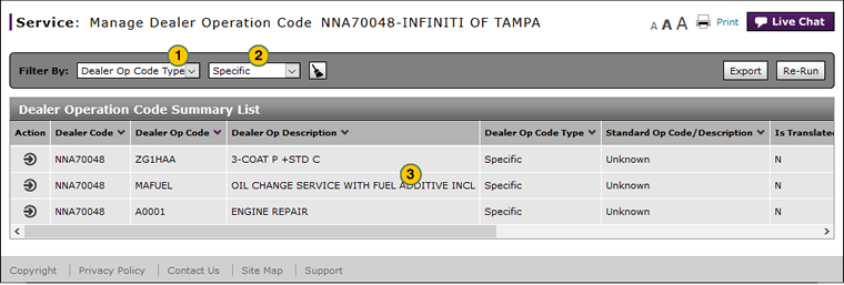 Filter the Manage Dealer Operation Code summary page.